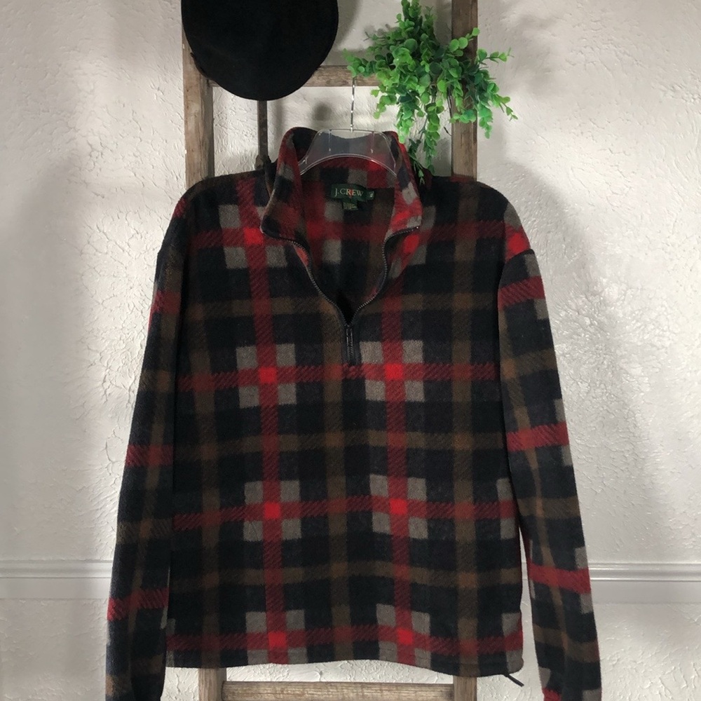 J Crew Plaid Polar Fleece Quarter Zip Over Jacket Red Black Unisex Fleece - Picture 1 of 16